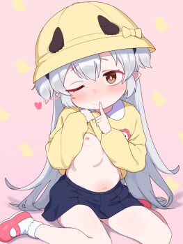 1girl absurdres black_horns blue_skirt blush bobby_socks bow bright_pupils closed_mouth clothes_lift collared_shirt commentary commission demon_horns english_commentary finger_to_mouth flat_chest grey_hair hair_between_eyes hat hat_bow heart highres horns horns_through_headwear index_finger_raised kindergarten_uniform lifting_own_clothes lk149 loli long_hair long_sleeves looking_at_viewer mary_janes navel nipples no_bra one_eye_closed original pink_background pixiv_commission pleated_skirt pointy_ears red_eyes red_shoes school_hat shirt shirt_lift shoes shushing sidelocks skirt socks solo stomach two_side_up very_long_hair white_pupils white_socks yellow_bow yellow_hat yellow_shirt