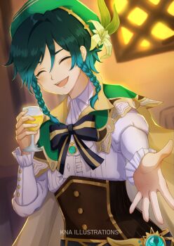 1boy :d alcohol artist_name beer belt beret black_belt blue_hair bodice bow braid cape center_frills closed_eyes collared_shirt commentary cup drinking_glass eyebrows_hidden_by_hair flower frilled_sleeves frills genshin_impact gradient_hair green_cape green_hair green_hat hair_between_eyes hat hat_flower highres holding holding_cup indoors kna_illustrations leaf long_sleeves looking_at_viewer male_focus multicolored_hair open_mouth puffy_long_sleeves puffy_sleeves reaching reaching_towards_viewer shirt short_hair_with_long_locks sidelocks smile solo standing striped_bow teeth twin_braids upper_body upper_teeth_only venti_(genshin_impact) vision_(genshin_impact) white_shirt window wine_glass