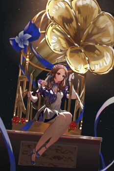 1girl absurdres alice_himora bare_shoulders birdcage blue_bow blue_flower blue_ribbon blue_shoes bow breasts brown_eyes brown_hair cage cosplay detached_collar dress flower full_body gloves halo head_wings high_heels highres honkai:_star_rail honkai_(series) kanako_(fuwachu) long_hair medium_breasts oversized_object phonograph red_flower red_rose ribbon robin_(honkai:_star_rail) robin_(honkai:_star_rail)_(cosplay) rose shoes sitting solo voice_actor_connection white_dress white_gloves white_wings wings