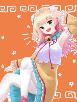 Rule 34 | 1girl, absurdres, blonde hair, commentary request, double bun, dress, fang, gradient hair, green eyes, hair bun, highres, hololive, long hair, looking at viewer, momosuzu nene, momosuzu nene (old design), multicolored hair, open mouth, orange background, orange dress, pantyhose, pink hair, shirt, skin fang, smile, solo, u da desu, virtual youtuber, white pantyhose, white shirt