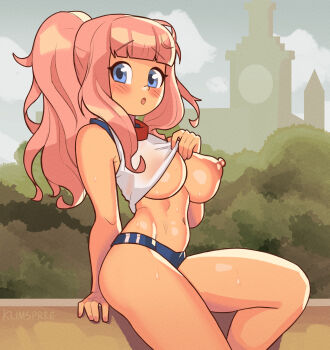 1girl :o arm_support artist_name bare_shoulders blue_buruma blue_eyes blunt_bangs blush breasts buruma clock clock_tower clothes_lift cloud commentary feet_out_of_frame flashing foliage fujiwara_chika gym_uniform high_ponytail highres kaguya-sama_wa_kokurasetai_~tensai-tachi_no_renai_zunousen~ klimspree large_areolae large_breasts long_hair midriff navel nipples no_bra one_breast_out open_mouth outdoors pink_hair ponytail puffy_nipples shirt sidelocks sitting sky solo sportswear tower white_shirt