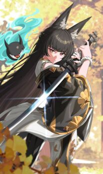 1girl absurdres animal_ear_fluff animal_ears black_dress black_hair commentary_request dress falling_leaves fingerless_gloves fox_ears fox_girl from_side gloves highres holding holding_sword holding_weapon hoshimi_miyabi hoshimi_miyabi_(dignified_blossom) japanese_clothes katana leaf long_hair looking_at_viewer official_alternate_costume parted_lips red_eyes single_fingerless_glove single_glove sword tailless_(zenless_zone_zero) tang_ke tree two-tone_dress weapon white_dress zenless_zone_zero
