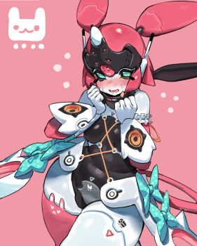 1girl absurdres accessories blue_eyes blue_ribbon blush breasts chest_harness circle gloves harness highres humanoid_robot mechanical_arms mechanical_legs open_mouth pink_background plump rabbit reallycute456 ribbon robot robot_ears robot_girl shy small_breasts solo string sweatdrop triangle white_gloves yutane_johiel zenless_zone_zero