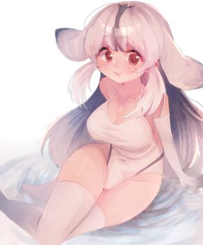 1girl :3 bare_shoulders bearded_seal_(kemono_friends) blush elbow_gloves fins gloves gradient_thighhighs grey_hair grey_thighhighs hair_between_eyes head_fins highres kemono_friends kemono_friends_3 long_hair multic one-piece_swimsuit open_mouth red_eyes seal_girl seki_mhsk sidelocks sitting sleeveless smile solo swimsuit thighhighs white_gloves white_hair white_one-piece_swimsuit white_thighhighs