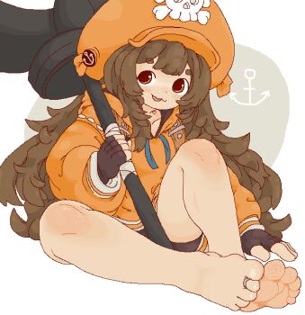 1girl anchor barefoot blush brown_eyes brown_hair commentary english_commentary feet fingerless_gloves gloves guilty_gear guilty_gear_strive hat long_hair may_(guilty_gear) moppynoko pirate_hat sitting smile solo toes