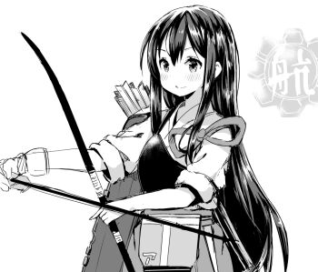 Rule 34 | 1girl, akagi (kancolle), arrow (projectile), blush, bow (weapon), closed mouth, commentary request, gloves, greyscale, hair between eyes, hakama, hakama skirt, holding, holding arrow, holding bow (weapon), holding weapon, japanese clothes, kantai collection, long hair, monochrome, muneate, partially fingerless gloves, partly fingerless gloves, quiver, rigging, sidelocks, simple background, single glove, sketch, skirt, weapon, yazawa oke, yugake