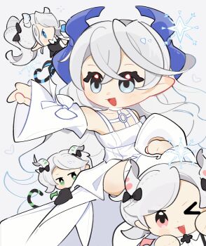 >_o 1other 3girls ariane_the_labrynth_servant arianna_the_labrynth_servant arias_the_labrynth_butler bare_shoulders blue_eyes bow breasts butler cup demon_girl demon_horns demon_tail detached_sleeves dress duel_monster green_eyes grey_eyes hashtag-only_commentary highres holding holding_saucer horns lady_labrynth_of_the_silver_castle_(alternate_art) long_hair lovely_labrynth_of_the_silver_castle maid multiple_girls official_alternate_costume official_alternate_hairstyle one_eye_closed outstretched_arm pink_eyes pointy_ears ranko1433 saucer simple_background smile star_(symbol) tail white_background white_bow white_dress white_hair yu-gi-oh!