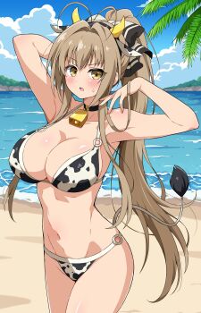 1girl absurdres amagi_brilliant_park animal_ear_hairband animal_ears animal_print antenna_hair beach bell bikini black_collar blue_sky blush breasts brown_eyes brown_hair cleavage cloud collar collarbone commentary_request cow_ear_hairband cow_ears cow_horns cow_print cow_print_bikini cowbell cowboy_shot day eggman_(ni_tamagoex) fake_animal_ears fake_horns feet_out_of_frame hairband halterneck highres horizon horn_hairband horns large_breasts long_hair looking_at_viewer navel neck_bell o-ring o-ring_bikini ocean open_mouth outdoors ponytail print_bikini ribbon sento_isuzu sky solo standing string_bikini swimsuit very_long_hair wet