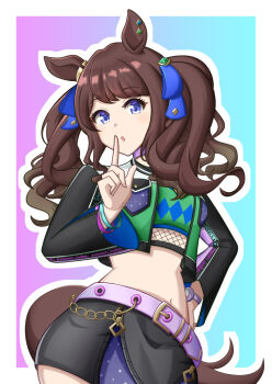 Rule 34 | 1girl, animal ears, argyle clothes, argyle shirt, bandeau, belt, blue eyes, blush, bow, breasts, brown hair, collar, commentary request, crop top, cropped jacket, fishnet top, fishnets, hand on own hip, horse ears, horse girl, horse tail, jacket, jewelry, long hair, long sleeves, looking at viewer, midriff, navel, ning meng hua, parted lips, purple belt, purple collar, shirt, skirt, solo, striped bandeau, tail, tosen jordan (jokester vibes) (umamusume), tosen jordan (umamusume), twintails, umamusume, watch, wristwatch