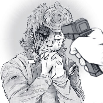 1boy artist_name begging blood blood_on_face bloodmoney blurry blurry_foreground commentary commission constricted_pupils english_commentary gouged_eye gun harvey_harman_harvington highres holding holding_gun holding_weapon imminent_death injury jellyfishfieldss male_focus medium_hair monochrome own_hands_together pompadour pov scared shirt sketch torn_clothes upper_body weapon