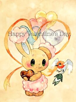 Rule 34 | alternate color, balloon, blush, buneary, closed mouth, fletchling, full body, gen 4 pokemon, gen 6 pokemon, green eyes, happy valentine, heart, heart balloon, nintendo, no humans, non (kumakawayusu), painting (medium), pokemon, pokemon (creature), shiny pokemon, simple background, traditional media, watercolor (medium)