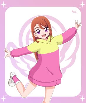 Rule 34 | 1girl, :d, absurdres, aged down, anime coloring, artist name, bare legs, border, commentary, cowboy shot, fingernails, four-pointed star, gradient border, hair between eyes, highres, hijiri ageha, hirogaru sky! precure, hood, hood down, hoodie, leg up, light blush, long hair, long sleeves, looking at viewer, multicolored hoodie, open mouth, orange hair, outline, outside border, outstretched arms, pink border, pink hoodie, pink socks, precure, purple eyes, sakuragawa3710, shoes, smile, socks, solo, split mouth, spread arms, standing, standing on one leg, star (symbol), star border, swept bangs, teeth, two-tone hoodie, upper teeth only, white background, white outline, white shoes, yellow hoodie