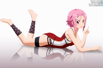 1girl bare_arms barefoot breasts deviantart_logo facebook_logo from_side hair_ornament hairclip highres legs_up leotard lisbeth_(sao) lying medium_breasts on_stomach open_mouth parted_bangs pink_hair pixiv_logo red_eyes red_leotard short_hair shugo19 sideboob solo sword_art_online thigh_strap twitter_logo watermark