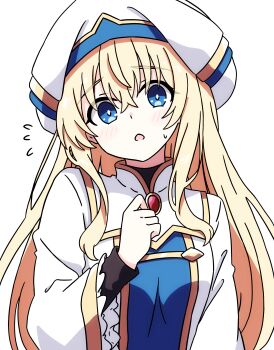 1girl absurdres blonde_hair blue_eyes blush breasts commentary_request dress flying_sweatdrops frilled_sleeves frills goblin_slayer! gold_trim hair_between_eyes hat highres long_hair long_sleeves looking_at_viewer open_mouth pioartstuff priestess priestess_(goblin_slayer!) simple_background small_breasts solo sweatdrop upper_body very_long_hair white_background white_dress white_hat