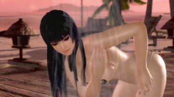 1girl 3d animated animated_gif ass bikini black_hair blunt_bangs breasts cloud coconut_tree cowboy_shot dead_or_alive dead_or_alive_xtreme_3_fortune dead_or_alive_xtreme_beach_volleyball dutch_angle feet_out_of_frame hime_cut leaning_forward long_hair medium_breasts micro_bikini navel nyotengu one-piece_swimsuit outdoors palm_tree revealing_clothes showering sky solo standing sunset swimsuit tecmo tengu thong thong_bikini tree venus_bikini