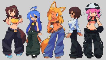 5girls :p absurdres ahoge animal_collar animal_ears azumanga_daiou bacun bandeau bangle belt blue_hair bone_hair_ornament bracelet braid breasts brown_hair cartoon_bone chest_harness collar commentary crossover dark-skinned_female dark_skin denim dog_ears dog_girl dog_tail english_commentary extra_ears fang fingerless_gloves full_body gloves hair_ornament hand_on_own_hip harness hat highres hololive holster inugami_korone izumi_konata jakuzure_nonon jeans jewelry kagura_(azumanga_daioh) kill_la_kill large_breasts liru long_hair low_twin_braids lucky_star midriff mole mole_under_eye multiple_crossover multiple_girls navel nudist_beach_uniform o-ring o-ring_top one_eye_closed open_mouth pants panty_straps pink_hair puff_of_air red_eyes renkin_san-kyuu_magical_pokaan short_hair shoulder_holster simple_background skull_print small_breasts studded_bracelet sweatdrop tail tan tank_top tongue tongue_out twin_braids twintails utility_belt virtual_youtuber wolf_ears wolf_girl wolf_tail wristband y2k_fashion