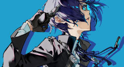 Rule 34 | 1boy, absurdres, black gloves, black jacket, blazer, blue background, blue eyes, blue hair, blue ribbon, buttons, collared shirt, commentary, dark blue hair, drop shadow, evoker, gloves, gun, hair over one eye, highres, holding, holding gun, holding weapon, jacket, looking at viewer, male focus, mura karuki, neck ribbon, one eye covered, open mouth, persona, persona 3, persona 3 reload, ribbon, shirt, short hair, solo, upper body, weapon, white shirt, yuuki makoto (persona 3)