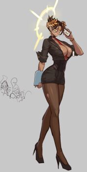 1girl between_breasts black_jacket breasts brown_hair choker cigarette commentary dark-skinned_female dark_skin emperor_of_mankind english_commentary genderswap genderswap_(mtf) head_wreath highres holding jacket large_breasts laurel_crown long_hair mouth_hold necktie no_shirt pantyhose pencil_skirt plunging_neckline podobrick red_necktie skirt solo toned toned_female torn_clothes torn_pantyhose very_long_hair warhammer_40k