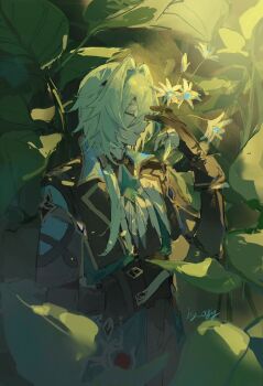 Rule 34 | 1boy, anaxa (honkai: star rail), aqua hair, black corset, black gloves, black jacket, closed eyes, corset, cowboy shot, gloves, hair intakes, hand up, hashtag-only commentary, highres, honkai: star rail, honkai (series), jacket, leaf, male focus, medium hair, open mouth, profile, side ponytail, smile, solo, standing, yangyi yangyi