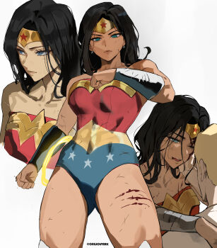 1boy 1girl absurdres black_hair blonde_hair blood blue_eyes commentary dc_comics earrings english_commentary highres jewelry lasso lasso_of_truth leotard long_hair park_ongjol star_(symbol) star_earrings star_print superhero_costume tiara twitter_username wonder_woman wonder_woman_(series)