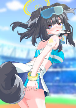 1girl absurdres animal_ears black_hair blue_archive blush breasts cheerleader commentary_request dog_ears dog_girl dog_tail goggles goggles_on_head halo hibiki_(blue_archive) hibiki_(cheer_squad)_(blue_archive) highres long_hair looking_at_viewer millennium_cheerleader_outfit_(blue_archive) open_mouth skirt solo star_(symbol) star_sticker sticker sticker_on_arm sticker_on_face tail yellow_halo