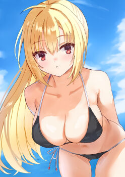 1girl ahoge alternate_costume arihara_nanami armpit_crease arms_behind_back bare_shoulders bikini black_bikini blonde_hair blue_sky blush breasts cleavage cloud collarbone commentary cowboy_shot day deep_skin eyes_visible_through_hair floating_hair gluteal_fold hair_between_eyes halterneck highres large_breasts leaning_forward long_hair looking_at_viewer nowa2109 outdoors parted_lips red_eyes riddle_joker side-tie_bikini_bottom sidelighting sidelocks sky solo straight_hair swimsuit very_long_hair