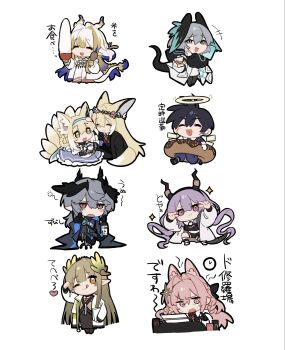 2boys 6+girls :d ;p animal_ear_fluff animal_ears arknights black_hair black_horns black_wings blue_eyes blue_hair blue_hairband bowl chibi closed_eyes closed_mouth demon_boy demon_horns detached_wings elf energy_wings fox_ears fox_girl fox_tail gomago_magoma green_eyes grey_hair hairband halo head_wings highres ho&#039;olheyak_(arknights) horns insider_(arknights) kitsune kyuubi logos_(arknights) muelsyse_(arknights) multicolored_hair multiple_boys multiple_girls multiple_tails one_eye_closed open_mouth pointy_ears pozyomka_(arknights) purple_eyes purple_hair red_eyes rice_bowl shu_(arknights) simple_background smile suzuran_(arknights) tail tongue tongue_out traditional_halo translation_request typhon_(arknights) vulpisfoglia_(arknights) white_background wings wolf_ears wolf_girl yellow_halo