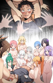 1boy 6+girls absurdres anastasia_hoshin arm_between_breasts between_breasts black_hair blonde_hair blue_eyes blue_hair blush breasts breasts_out brown_eyes brown_hair butterfly_hair_ornament cheek_pinching clothed_male_nude_female cooperative_paizuri crusch_karsten cum cum_on_body cum_on_upper_body echidna_(re:zero) elsa_granhilte embarrassed emilia_(re:zero) frederica_baumann green_eyes green_hair group_sex hair_between_eyes hair_ornament hair_over_one_eye hair_ribbon harem height_difference highres jacket lap_pillow large_breasts matching_hair/eyes medium_breasts multiple_girls natsuki_subaru navel nipples nude orange_hair paizuri penis penis_awe pinching pink_eyes pink_hair ponytail pout pov pov_hands priscilla_barielle purple_eyes purple_hair pussy ram_(re:zero) re:zero_kara_hajimeru_isekai_seikatsu red_eyes rem_(re:zero) ribbon satella_(re:zero) sex shaula_(re:zero) short_hair siblings sisters size_difference small_breasts smile sweat teamwork_(sexual) textless_version thick_thighs thighs track_jacket twins white_hair wide_hips yellow_eyes zerobarto