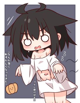 1girl bare_shoulders black_hair blush border breasts cleavage collarbone commentary_request cowboy_shot grey_background hana_kazari highres long_sleeves navel no_pants o_o open_mouth original outside_border shirt short_hair simple_background solo sweatdrop torn_clothes torn_shirt translation_request white_border white_shirt