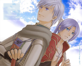 2boys armor black_coat black_gloves blue_eyes blue_sky celestial_s chainmail closed_mouth cloud coat commentary_request cross cross_necklace day dutch_angle emblem fingerless_gloves gloves gold_trim grey_hair jewelry knight_(ragnarok_online) looking_afar looking_at_viewer lowres male_focus milestone_celebration multicolored_coat multiple_boys necklace pauldrons priest_(ragnarok_online) purple_eyes purple_hair ragnarok_online red_coat short_hair shoulder_armor sky smile tabard two-tone_coat upper_body white_tabard