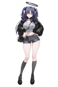 1girl 4meart0112 absurdres bag between_breasts black_bag black_choker black_halo black_jacket black_shoes blue_archive blush breasts buttons casual cellphone choker cleavage commentary crop_top full_body grey_shirt hair_between_eyes hair_ornament halo hand_on_own_hip highres holding holding_phone jacket kneehighs large_breasts legs long_hair long_sleeves looking_at_viewer mechanical_halo midriff navel open_clothes open_jacket open_mouth parted_bangs phone purple_eyes purple_hair shirt shoes short_shorts shorts shoulder_bag simple_background smartphone smile socks solo standing straight-on strap_between_breasts thighs two_side_up unzipped very_long_hair white_background yuuka_(blue_archive)