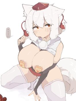 Rule 34 | ..., 1girl, animal ears, blush, breasts, clothes lift, hat, highres, huge breasts, inubashiri momiji, paint chat (medium), pasties, red eyes, red hat, shirt lift, simple background, solo, spoken blush, spoken ellipsis, squatting, tail, thighhighs, tokin hat, touhou, umitsuki (kurage no shokushu), white background, white hair, white thighhighs, wolf ears, wolf girl, wolf tail