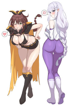 2girls :p ;p absurdres anger_vein ass bent_over bikini bikini_top_only black_bikini black_boots black_ribbon black_shorts blush bodysuit boots braid brown_hair commentary_request emilia_(re:zero) full_body green_eyes grey_hair hair_ribbon heart highres knee_boots looking_at_viewer multiple_girls one_eye_closed pointy_ears purple_bodysuit purple_eyes re:zero_kara_hajimeru_isekai_seikatsu ribbon shaula_(re:zero) shorts simple_background smile spoken_anger_vein spoken_heart swimsuit tattered_helmet_(polan_kui) tongue tongue_out white_background