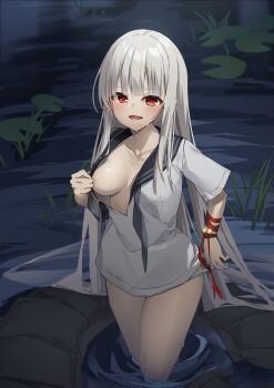 1girl :d absurdres areola_slip arm_ribbon bell black_sailor_collar blunt_bangs blunt_ends blush breasts breasts_apart collarbone commentary eyes_visible_through_hair feet_out_of_frame grey_hair haison_shoujo_~ayashi_madohi_no_kago_no_sato~ hand_up highres hime_cut jingle_bell kagome_(haison_shoujo) large_breasts long_hair looking_at_viewer n_tarou naughty_face no_bra open_clothes open_mouth open_shirt outdoors panties panty_pull presenting_breasts red_eyes red_ribbon ribbon sailor_collar school_uniform serafuku shirt short_sleeves sideboob sidelocks smile solo standing straight_hair thighs underwear very_long_hair wading water wet white_panties white_shirt wrist_bell