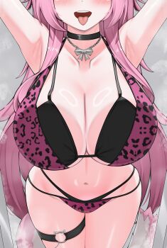 1girl absurdres animal_print armpits bra breasts cat_tail choker cleavage collarbone eyes_out_of_frame head_out_of_frame highres hololive hololive_english large_breasts leopard_print long_hair midriff navel nobarts pink_hair raora_panthera solo steam steaming_body tail thigh_strap tongue tongue_out underwear virtual_youtuber