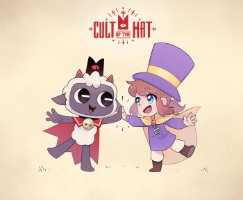 1girl 1other a_hat_in_time absurdres bell black_eyes blue_eyes boots brown_boots brown_hair brown_pants cape child commentary copyright_logo cult_of_the_lamb english_commentary full_body hat hat_kid high_five highres horns jacket jingle_bell logo long_hair long_sleeves looking_at_another neck_bell open_hand open_mouth pants parody ponytail purple_hat purple_jacket red_cape red_crown_(cult_of_the_lamb) red_eyes sidelocks smile the_lamb_(cult_of_the_lamb) title_parody top_hat xxfaylinnxx yellow_background yellow_cape zipper zipper_pull_tab