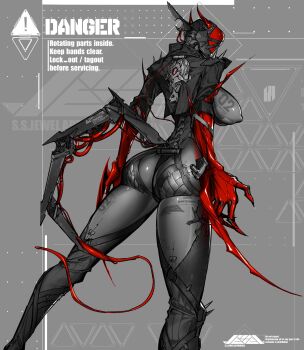 1girl artist_logo ass black_shirt breasts claws commentary covered_erect_nipples crop_top english_commentary english_text feet_out_of_frame from_behind grey_background highres horns juerucj large_breasts logo mechanical_spine mechanical_tail original puffy_nipples shirt shoulder_spikes solo spikes tail thighhighs triangle