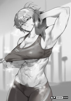 1girl abs armpits biceps bra breasts cleavage exercising female_focus female_pubic_hair greyscale gym hair_between_eyes highres holding holding_towel kiddycorky large_breasts long_hair looking_at_viewer midriff monochrome muscular muscular_female navel nipples obliques original pants ponytail pubic_hair scar short_hair solo sports_bra sportswear steaming_body sweat tank_top thighs tomboy toned towel underboob underwear wiping_sweat yoga_pants