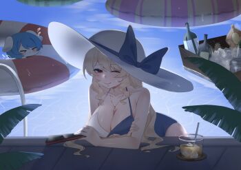 &gt;_&lt; 2girls absurdres alternate_costume animal_ears blonde_hair blue_bow blue_hair blue_one-piece_swimsuit blush bottle bow breasts cleavage closed_mouth collarbone commentary cup drinking_glass drinking_straw floppy_ears flying_sweatdrops folded_fan folding_fan hand_fan hat hat_bow highres holding holding_fan ice ice_cube jewelry large_breasts long_hair looking_at_viewer multiple_girls necklace no_noru one-piece_swimsuit one_eye_closed pendant poolside rabbit_ears rabbit_girl red_eyes reisen_(touhou_bougetsushou) smile swim_ring swimsuit touhou two-tone_one-piece_swimsuit watatsuki_no_toyohime water wet white_hat white_one-piece_swimsuit