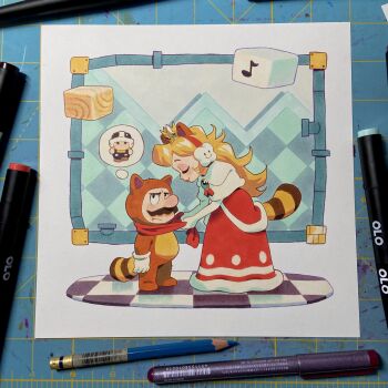 1boy 1girl annoyed blonde_hair blue_eyes blush brown_hair crown facial_hair gloves hammer_bro hammer_mario highres long_hair looking_at_another mario mario_(series) musical_note mustache nintendo princess_peach raccoon_tail scarf smile standing super_mario_bros._3 tail tanooki_mario