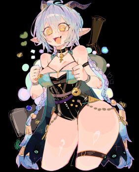 +_+ 1girl animal_ears bare_shoulders black_background black_horns black_unitard blue_hair book braid breasts choker clenched_hands commentary_request cropped_legs crossed_bangs drooling fang goat_ears goat_girl goat_horns hair_between_eyes heart highres horns key key_choker knee_strap large_breasts long_hair lucia_elowen medallion open_mouth pointy_ears shiny_skin skin_fang solo thick_thighs thighs twin_braids usa37107692 yellow_eyes zenless_zone_zero