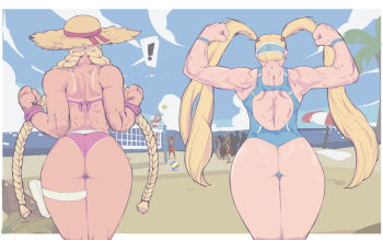 2girls alternate_costume ass back_cutout back_muscles ball beach beach_umbrella belt biceps bikini blue_one-piece_swimsuit bracelet braid cammy_white capcom chun-li clothing_cutout crowd curvy elena_(street_fighter) flexing highleg highleg_bikini highleg_one-piece_swimsuit huge_ass jewelry legs_together low_twin_braids luke_sullivan michel_teru multiple_boys multiple_girls muscular muscular_female ocean official_alternate_costume one-piece_swimsuit pink_bikini rainbow_mika ryu_(street_fighter) shiny_skin street_fighter street_fighter_6 street_fighter_v swimsuit tan tanline thigh_belt thigh_strap thighs twin_braids twintails umbrella volleyball volleyball_(object) volleyball_net wide_hips