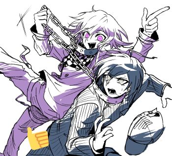 2boys absurdres ahoge black_hair bound_together buttons chain chained checkered_clothes checkered_scarf collar danganronpa_(series) danganronpa_v3:_killing_harmony dynamic_pose eyelashes flipped_hair grey_jacket hair_between_eyes hat highres holding holding_chain jacket korean_commentary leg_up long_sleeves male_focus monochrome multiple_boys nn_dgrp oma_kokichi open_mouth pants pinstripe_jacket pinstripe_pattern pointing pointing_up pulling purple_eyes purple_hair ringed_eyes saihara_shuichi saliva scarf short_hair simple_background smile teeth thigh_strap thumbs_up_emoji two-tone_scarf unworn_hat unworn_headwear