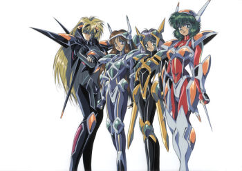 Rule 34 | 1990s (style), 4girls, armor, bodysuit, cel, female focus, hanken, headgear, hirano toshihiro, iczelion, iczer (series), iczer series, ikusa girl iczelion, long hair, mecha musume, multiple girls, official art, open mouth, power suit, retro artstyle, shitajiki, short hair, smile, standing
