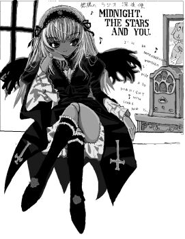 1girl antique_radio closed_mouth crossed_legs doll_joints dress english_text gothic_lolita greyscale hairband hand_on_own_chin joints juliet_sleeves kneehighs kunkun lolita_fashion lolita_hairband long_hair long_sleeves looking_at_viewer monochrome music picture_frame puffy_sleeves radio rozen_maiden sitting smile socks solo suigintou toshi_(little-fluffy-cloud) translation_request wings