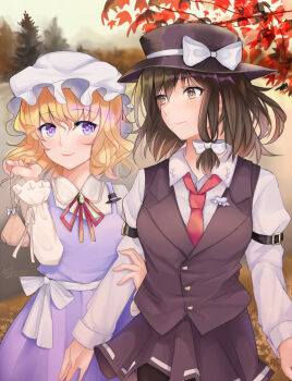 Rule 34 | 2girls, adapted costume, autumn, autumn leaves, black pantyhose, black skirt, black vest, blush, bow, brown eyes, brown hair, buttons, clip studio paint (medium), closed mouth, collared shirt, commentary request, dated, dress, hair bow, hand on another's arm, hat, hat bow, holding, kevn, leaf, long sleeves, maribel hearn, medium hair, mob cap, multiple girls, neck ribbon, necktie, pantyhose, pinafore dress, pine tree, pouch, purple dress, purple eyes, red necktie, red ribbon, ribbon, ribbon-trimmed skirt, ribbon trim, sash, shirt, signature, skirt, sleeve garter, sleeveless, sleeveless dress, smile, touhou, tree, usami renko, vest, white bow, white hat, white sash, white shirt