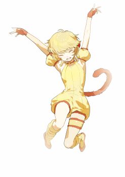 1girl ^_^ absurdres animal_ears armpits arms_up bare_shoulders blonde_hair braid brown_gloves brown_shoes child choker closed_eyes commentary_request detached_sleeves dot_nose fingerless_gloves flats fong_pudding frilled_choker frilled_sleeves frilled_thigh_strap frills full_body gloves happy highres jumping kneehighs loose_socks magical_girl medium_hair mew_pudding monkey_ears monkey_girl monkey_tail morgue_(southsakura) open_mouth pendant_choker puffy_short_sleeves puffy_sleeves shoes short_sleeves side_braids simple_background smile socks solo swept_bangs tail teeth thigh_strap tokyo_mew_mew twin_braids white_background yellow_choker yellow_romper yellow_sleeves yellow_socks