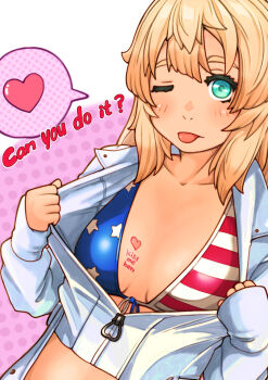 Rule 34 | 1girl, :p, absurdres, american flag, american flag bikini, american flag print, aqua eyes, bikini, blonde hair, blush, body writing, breasts, bridget (guilty gear), clothes pull, cropped jacket, english text, flag print, flag print bikini, genderswap, genderswap (mtf), guilty gear, heart, highres, jacket, looking at viewer, medium hair, one eye closed, partially unzipped, print bikini, small breasts, spoken heart, sugajyun, swimsuit, tongue, tongue out, upper body, white jacket
