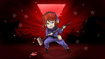 1girl broom brown_hair commentary control_(game) english_commentary headphones highres indoors janitor jesse_faden low_ponytail medium_hair ponytail shirt sleeves_rolled_up solo thick_thighs thighs