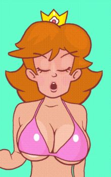 1girl 20s animated animated_gif bare_shoulders bikini bikini_top_only blinking blue_background blue_eyes bouncing bouncing_breasts breasts breathing_(animated) catoblepas_(artist) cleavage collarbone crown daisy_(flower) eyebrows_hidden_by_hair female_focus flower gradient_background large_breasts looping_animation mario_(series) medium_hair multicolored_background nintendo open_mouth orange_hair pink_bikini princess princess_daisy resized running shiny_clothes solo super_mario_land swimsuit third-party_edit underboob upper_body upscaled